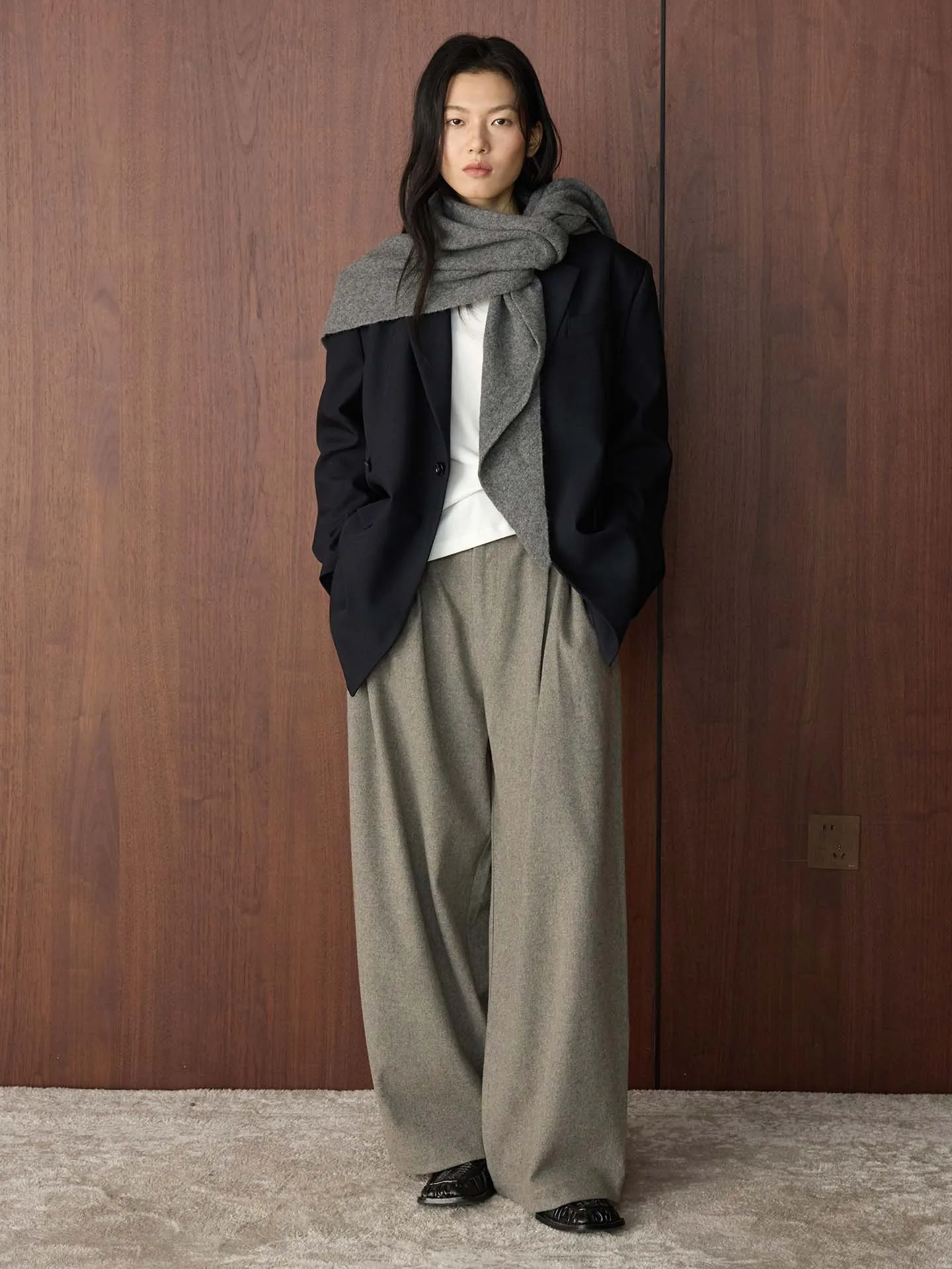 Autumn Winter OL Commute Slimming High Waist Wide Leg Woolen Trousers Casual Pants for Women Thickened Cotton Blend Fabric