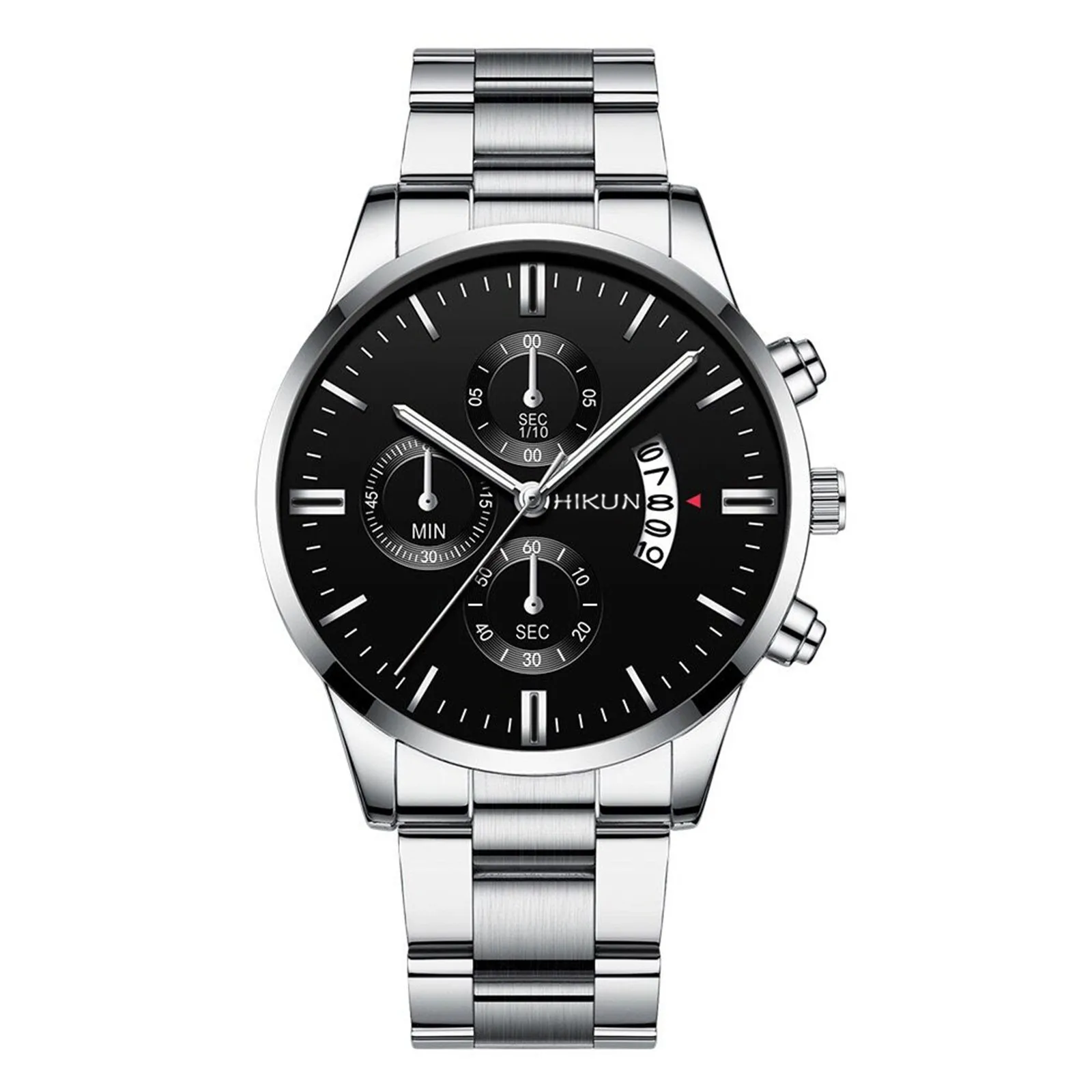 Men’s Sleek Minimalist Fashion And Casual Business With Stainless Steel Band Three Eyes Round Dial Calender Quartz Watch