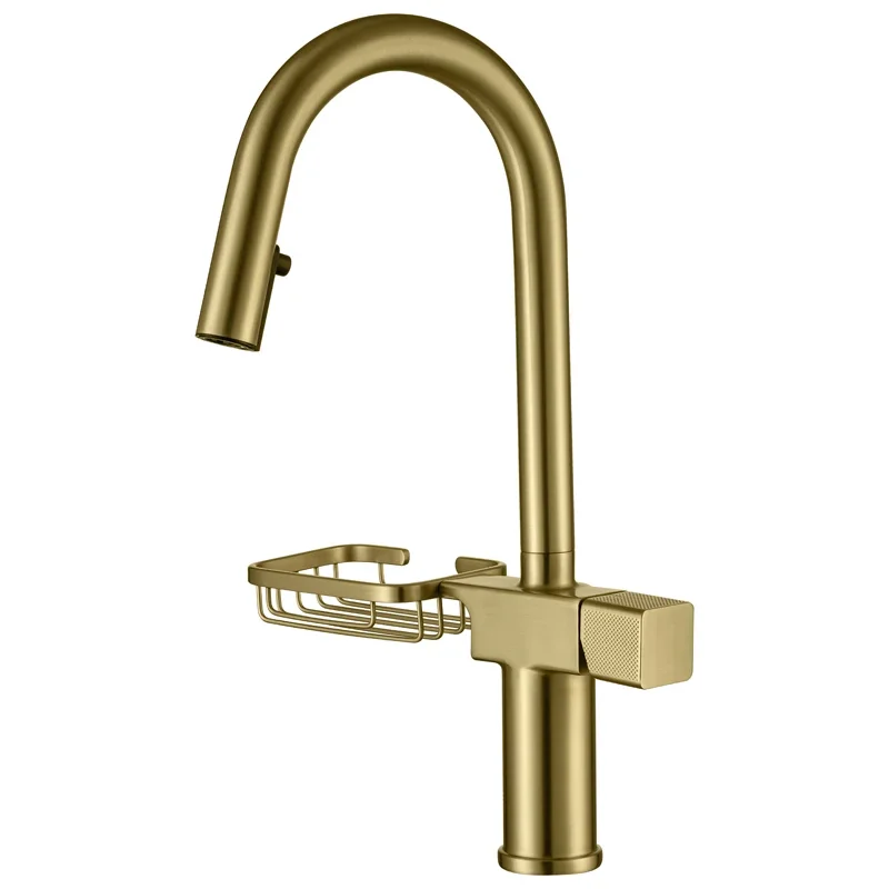 

Brushed Gold Kitchen Sink Faucets with Pull Down Sprayer Sink Deck Mounted Kitchen Pull Out Faucet