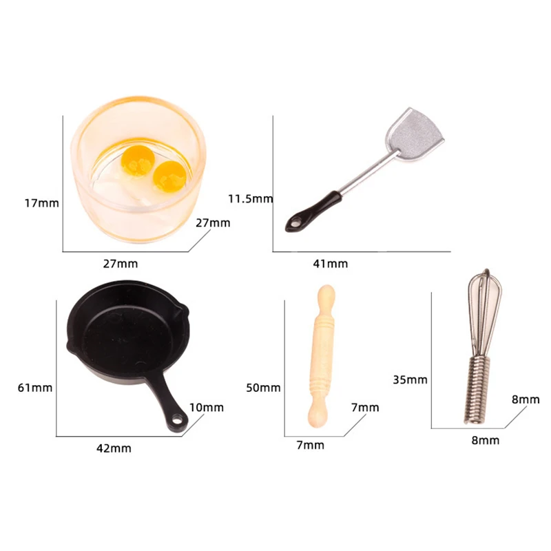 لعبة طعام مصغرة لبيت الدمى ، ملحقات مطبخ صغير ، دبوس دوّار ، مقلاة ، خفق بيض ، نموذج بيت الدمية ، مقياس ، 7 في كل مجموعة