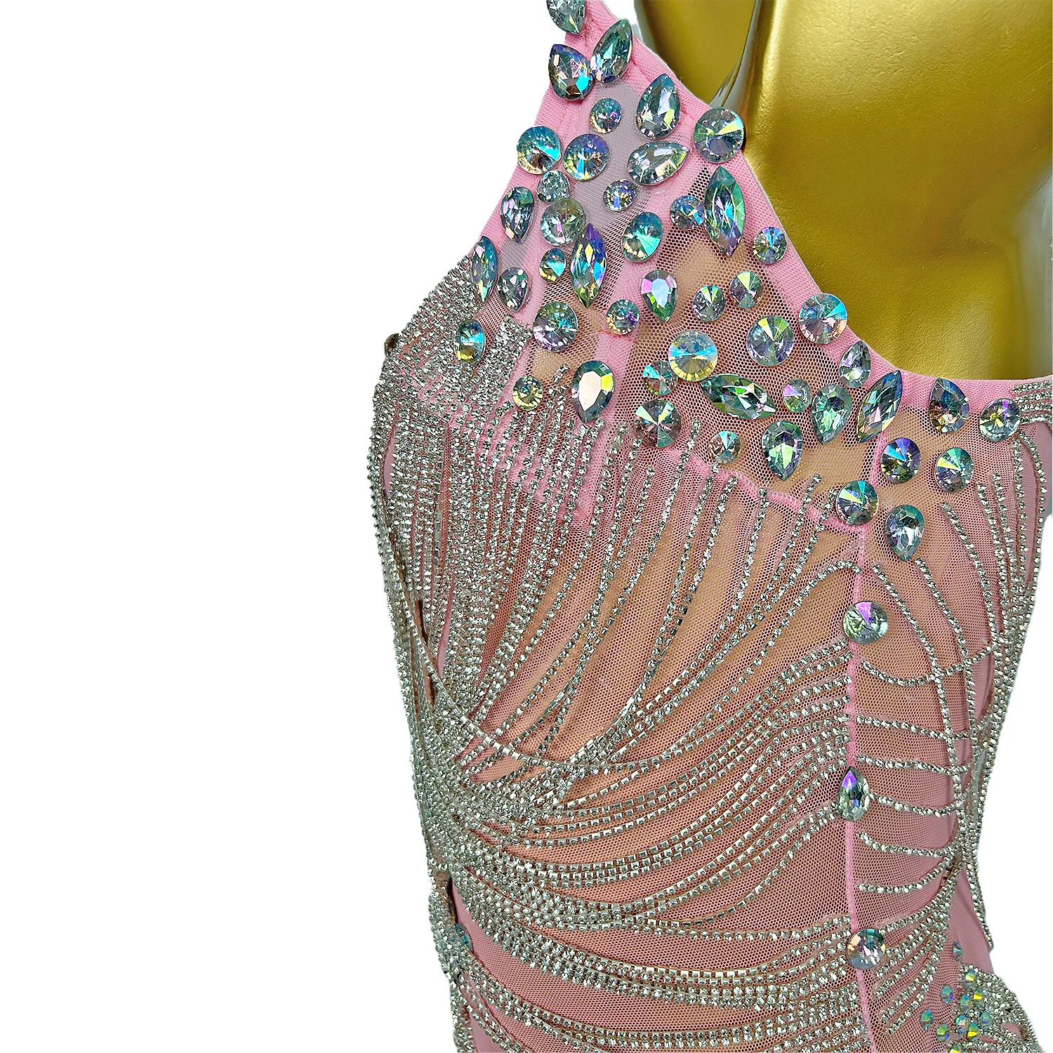 Sexy diamantes vestidos de baile cristais correntes vestido rosa noite boate sexy estiramento traje feminino cantor desempenho luoli