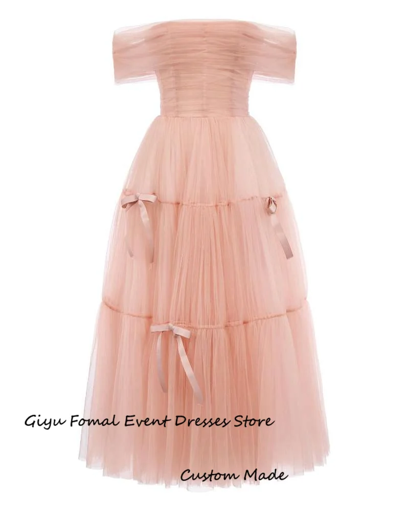 Giyu Blush Pink Tulle Evening Party Dresses With Bolero Tiered Ribbon Tea Length Prom Gowns Formal Event Dress