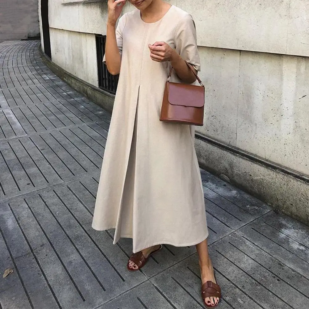 

Women Round Neck Dress Women Solid Color Dress Stylish A-line Midi Dress for Women O Neck Short Sleeves Solid Color for Dating