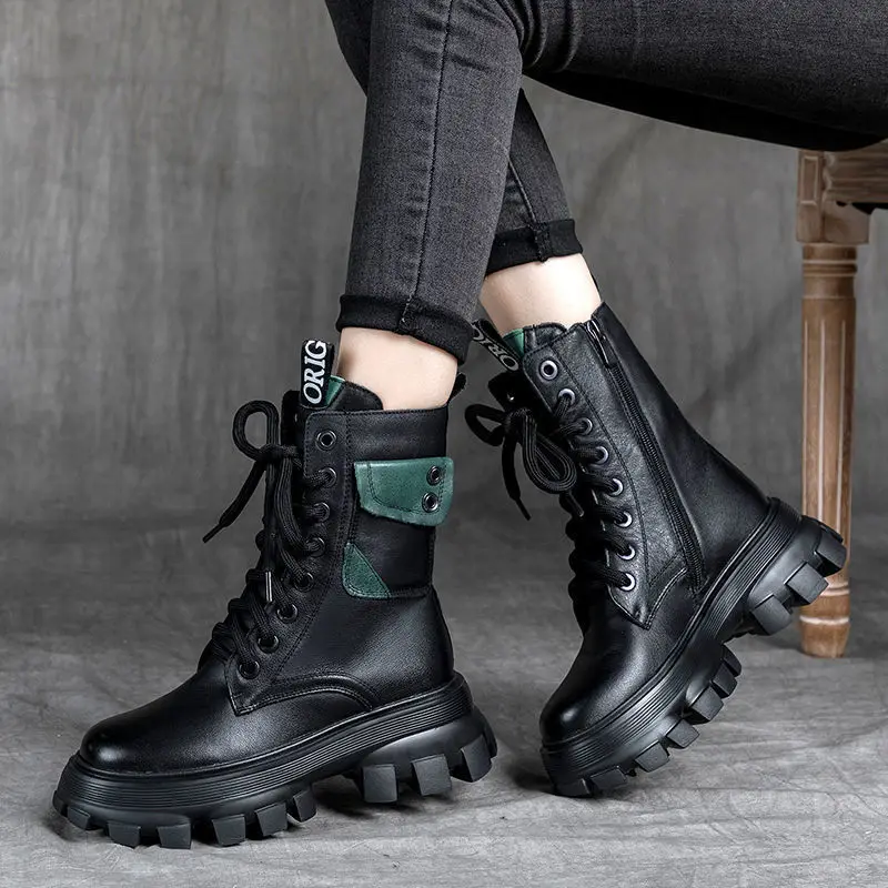 New Platform Shoes for Women Boots Retro Brown Leather High Heels Lace Up Chunky Shoes Woman Botas Female Plus Size Ankle Boots