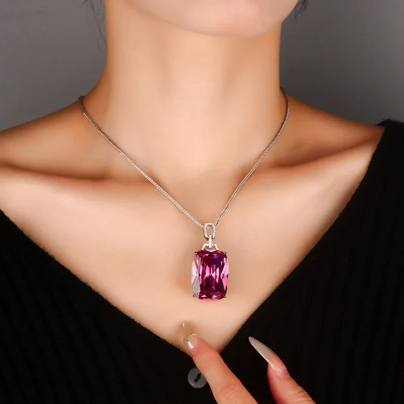 Jewelry Luxury S925 Silver Plated 18K Gold Plated PT950 Platinum Fashion Colored Gem Square Diamond Pendant Necklace 20*28