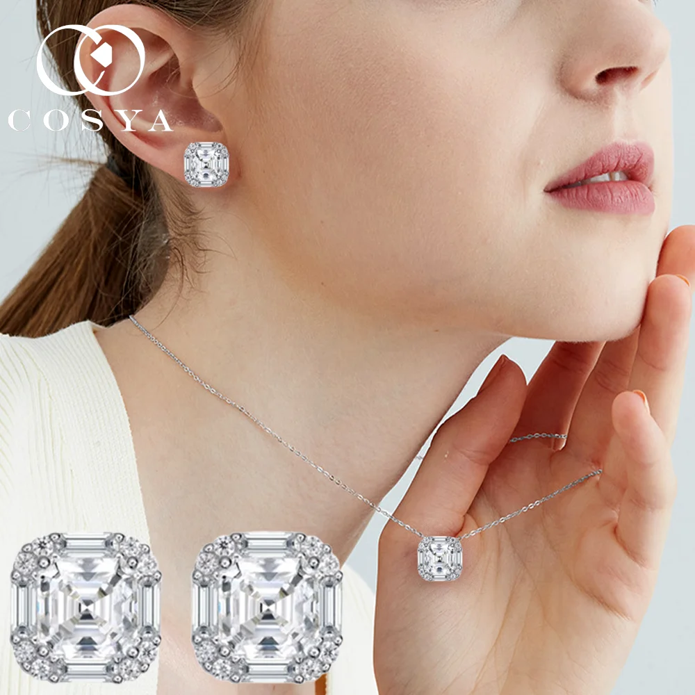

COSYA 2CT 7*7mm Asscher Moissanite Necklace&Earrings Set 925 Silver Full D Color VVS Lab Diamond Wedding Jewelry Gift For Women