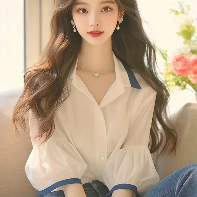 

French Women's Blouses Korean Shirts Women Summer Fashionable Loose Spring/Summer Solid Clothing Chiffon Short Sleeve Women Tops