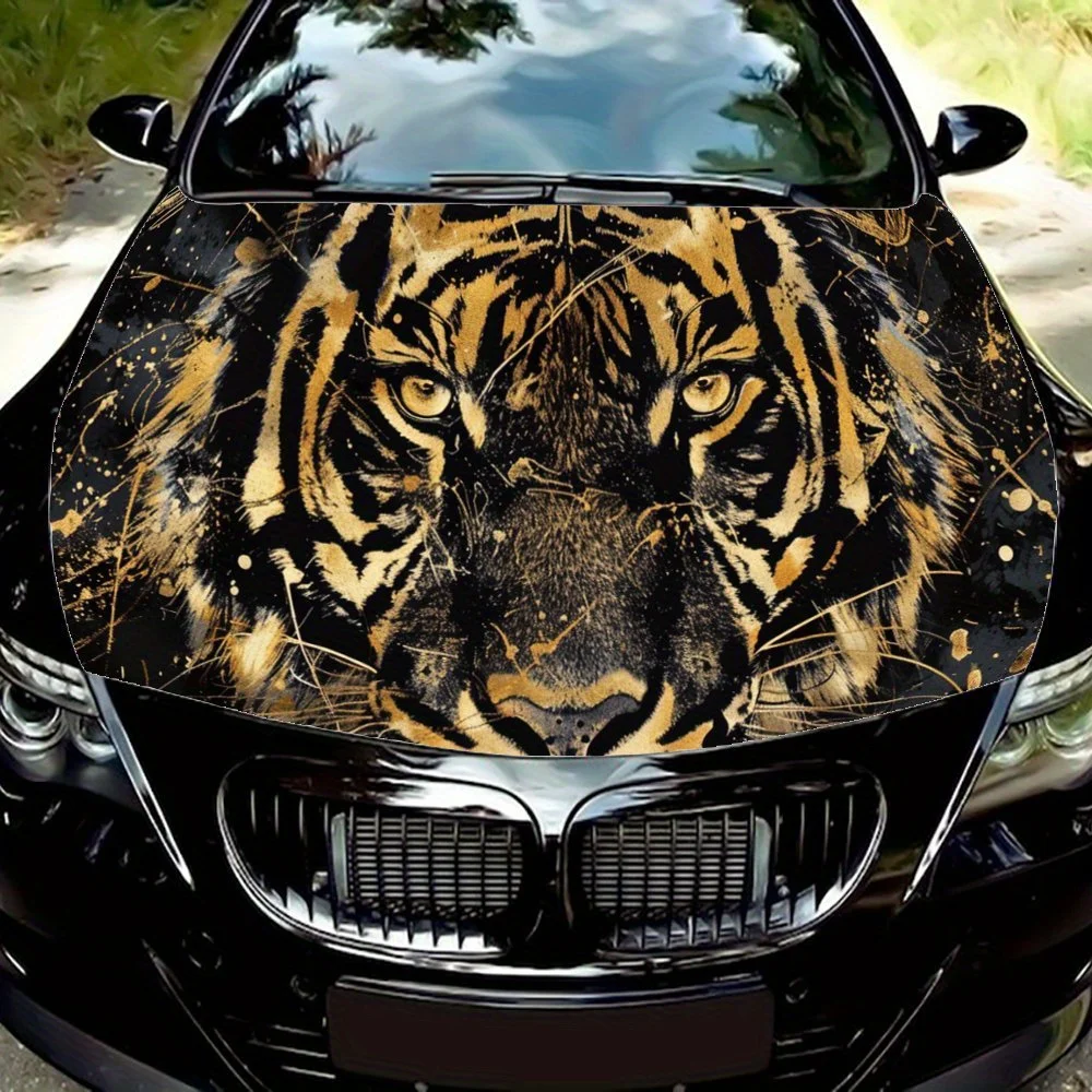 Sharp Eyed Golden Tiger Splash Effect Car Hood Wrap Color Vinyl Sticker Truck Graphic Bonnet Auto Accessories Decoration Decal G