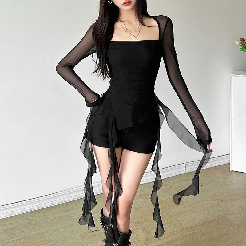 Women T-shirt Square Neck Long Sleeve Slightly Transparent Slim Irregular Ruffle Edge Solid Color Simple Fashion Versatile Top