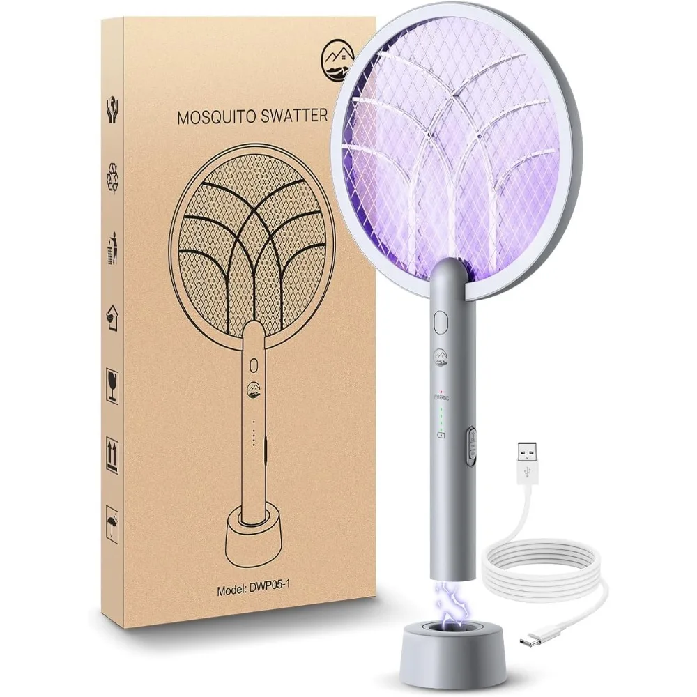

High Voltage Rechargeable Fly Swatter Racket Dual Mode Bug Zapper Purple Light Indoor Outdoor Camping