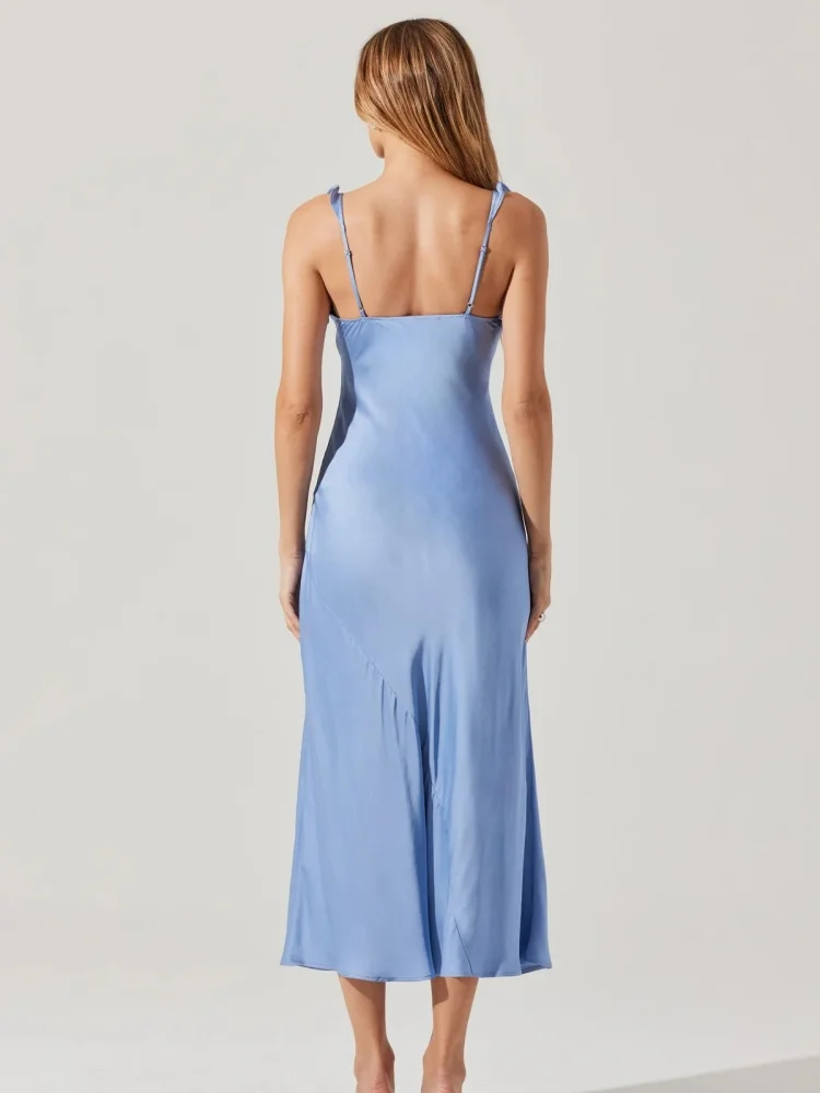 フリルサテンオレンジドレス - エレガントなVネックノースリーブミディドレスディナーデートホリデー集会パーティードレス