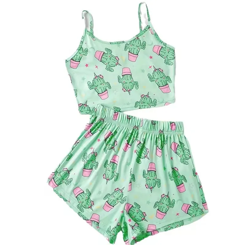 Women\'s Pajamas Set Sleepwear 2 PCS Short Tank Tops And Shorts S M L Green Ventilate Soft Casual Cactus Print