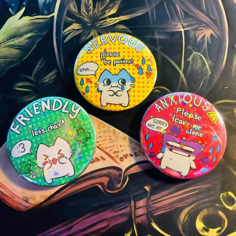 Pins en émail Social Cue, Badge Chat Bleu Anxiétose, Bouton-Pin Mignon pour la Communication et la Rappel de l'Anxiété, Cadeau Amusant pour Sac à Dos et Vêtements