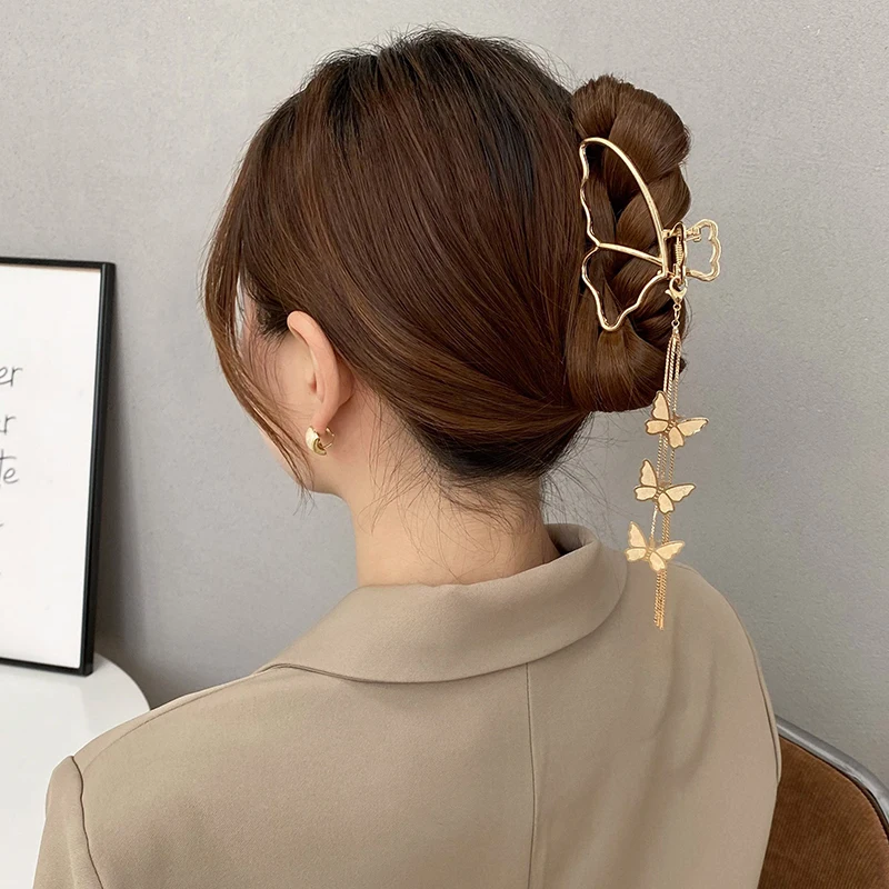 AWAYTR Metal Silver Gold Butterfly Hair Claw Women Vintage Tassel Pendant Hair Clips Headband Hairpin Hair Crab Hair Accessories
