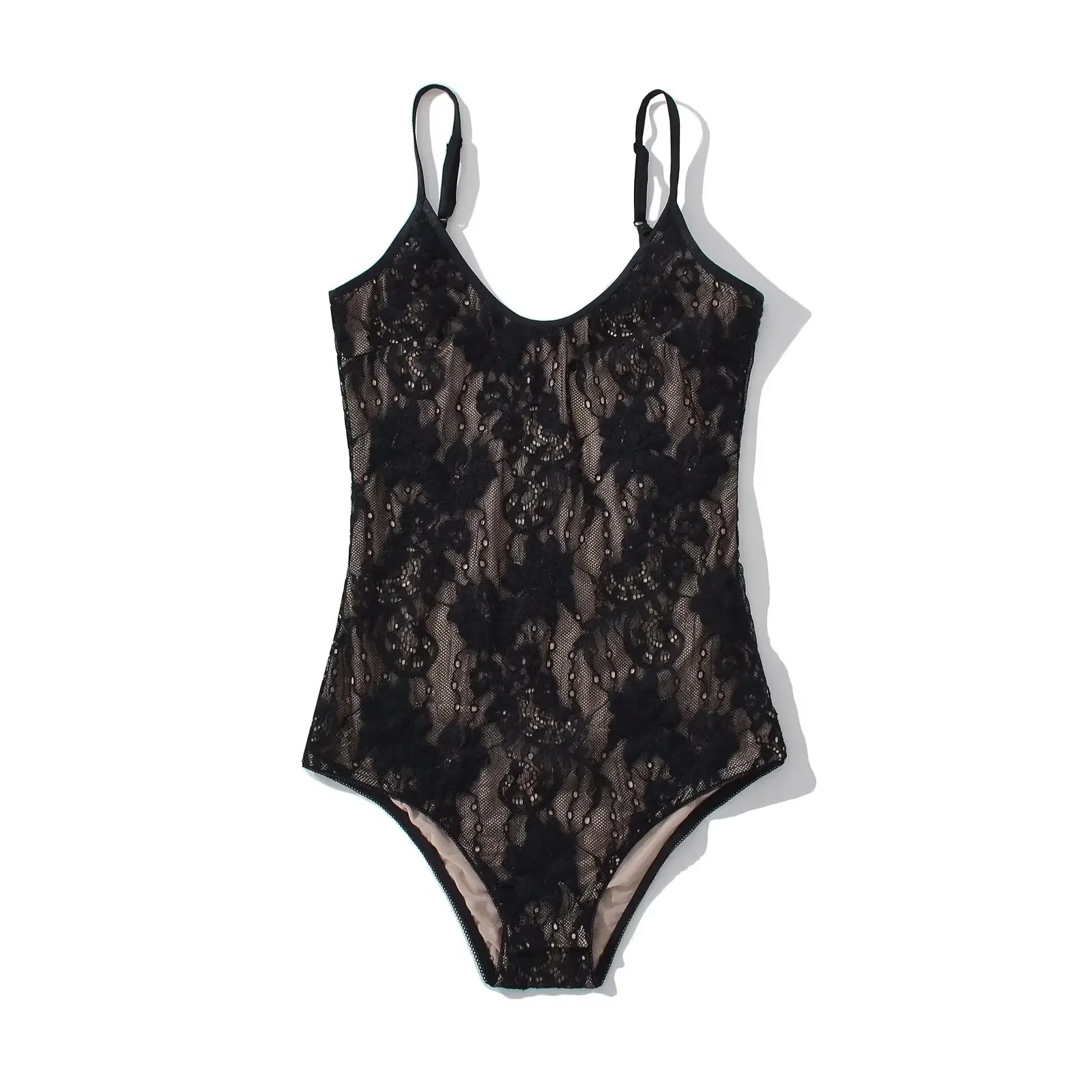 Sexy, durchsichtiger Spitzen-Bodysuit mit Futter, rückenfreier Spaghetti-Träger-Body, eng anliegender, kurzer Jumpsuit, figurbetonte Romper- und Playsuit-Modelle für Damen. – Detail 22