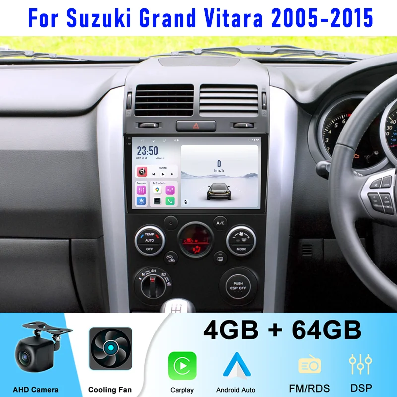 

9'' 4+64GB For Suzuki Grand Vitara 2005-2015 Car Radio Android 15 System Wireless Apple Carplay FM GPS Stereo Head Unit