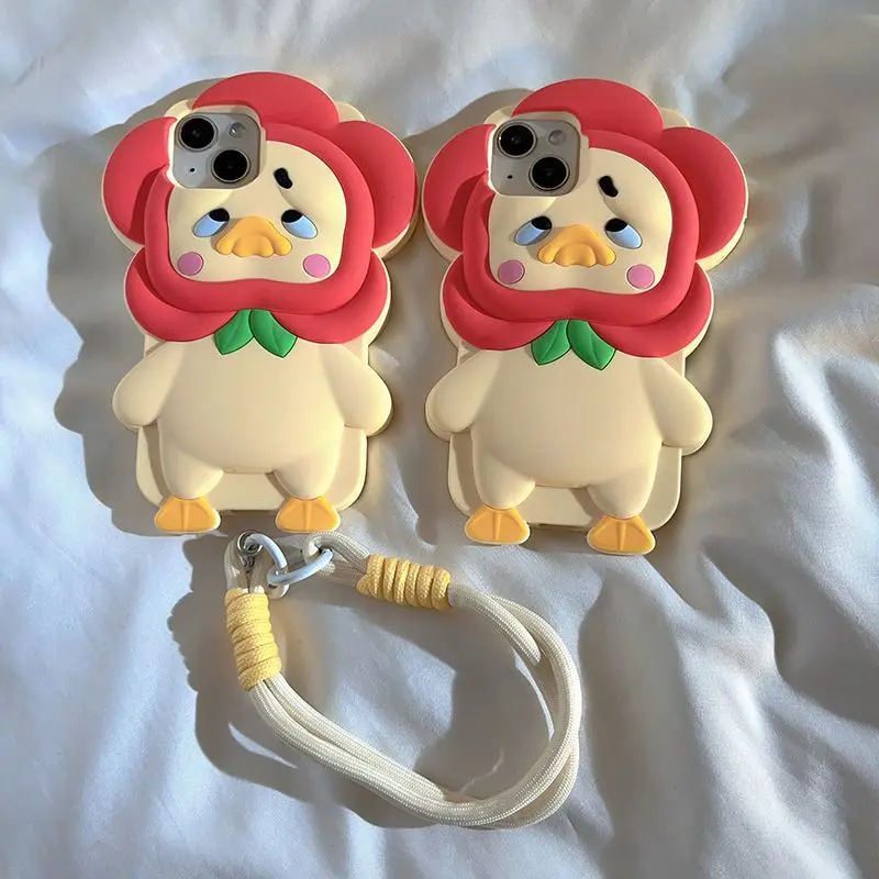 

Phone Case For iPhone 15 14 13 12 Pro Max New Korean INS Cartoon Cute 3D Flower Duck Shape Soft Protective Cover With Lanyard