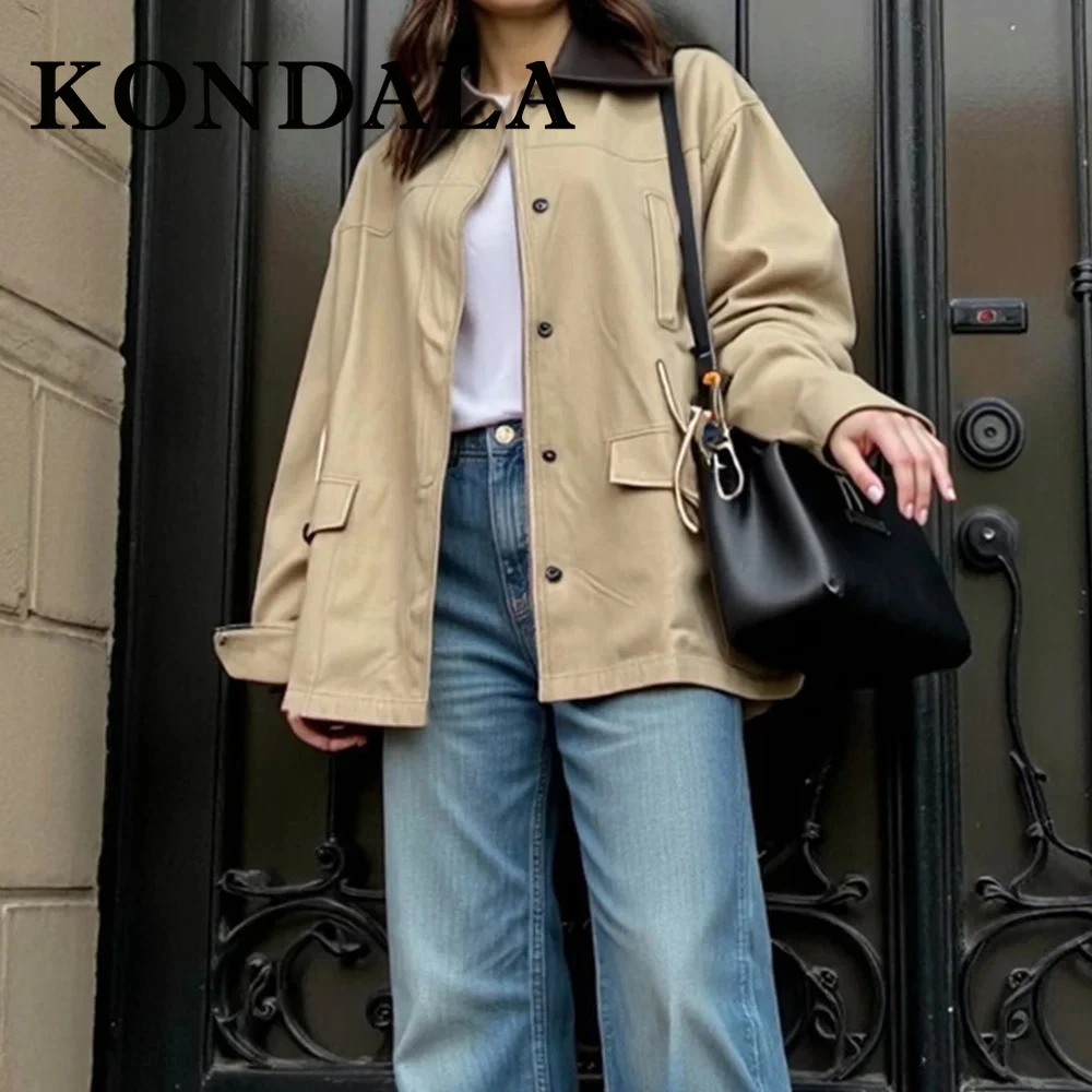 KONDALA Chic Khaki Casual Woman Fashion 2025 Wind Coats Straight Streetwear Patchwork Outwear Vintage Collegiate Mujer Trench