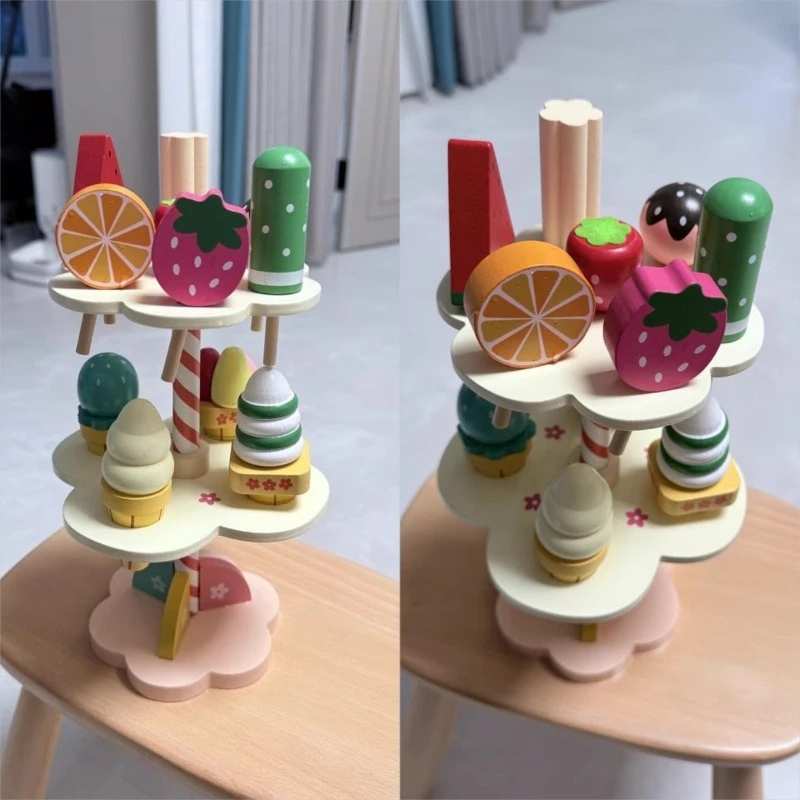 

Wooden Mother Garden Strawberry Three Layer Cake Ice Cream Stand Blocks Pretend Play House Kitchen Toy Cooking Gift