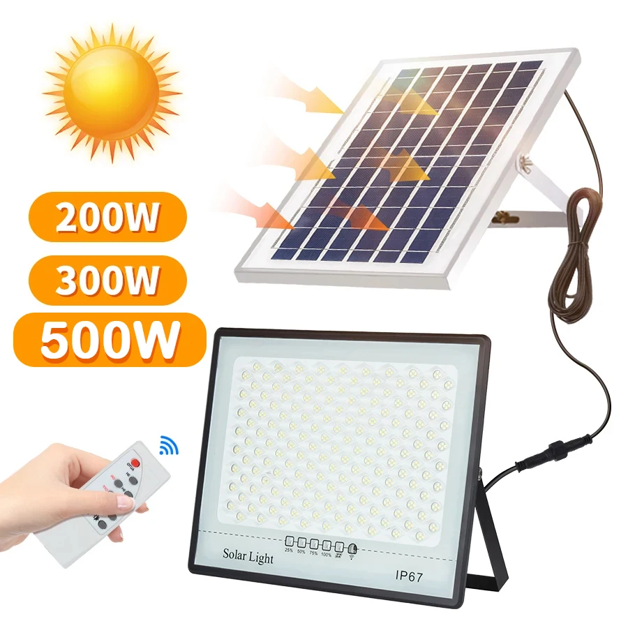 Luzes solares LED impermeáveis ao ar livre, IP67 impermeável, lâmpada de parede solar, projector externo, decoração do jardim, 500W