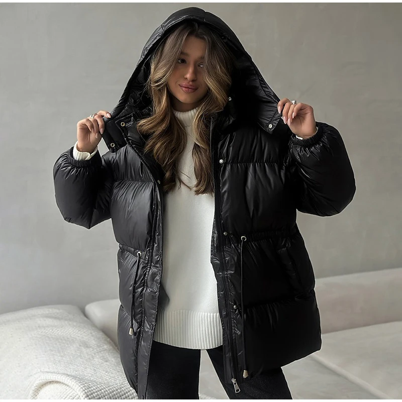 Fashion Solid Drawstring Cotton Jacket Women Chic Long Sleeve Zipper Loose Hooded Coat Winter Lady Warm Daily Street Outwear