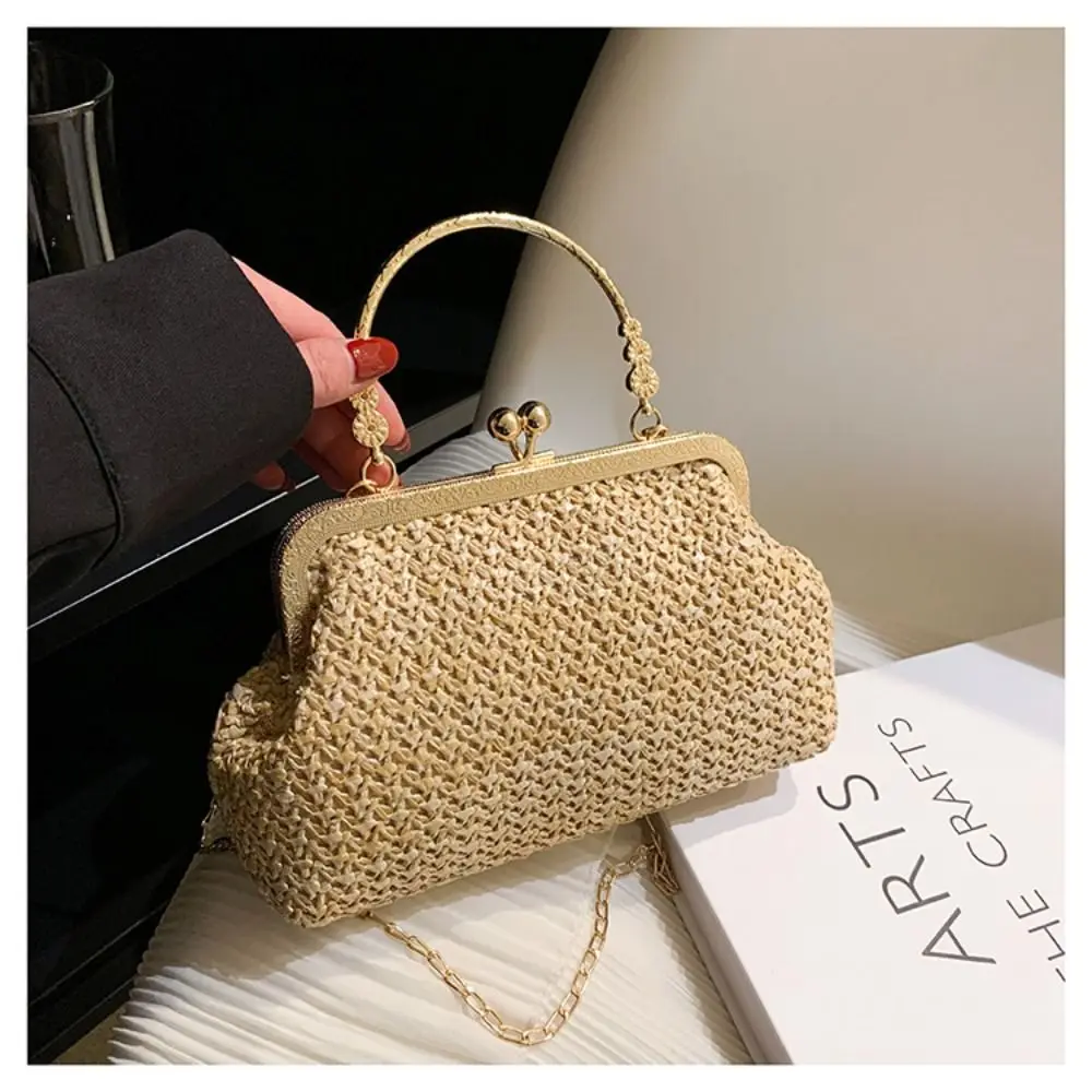 Hand Woven Straw Woven Handbag Gold Chain Strap Clip Mouth Design Clutch Purse Bag Texture Finish Small Size Summer Beach Bag