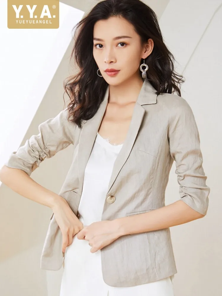 

New Summer Women Linen Notched Party Luxury Suit Jacket Single Button Loose Fit Office Ladies Designer Elegant Blazers Coat Tops