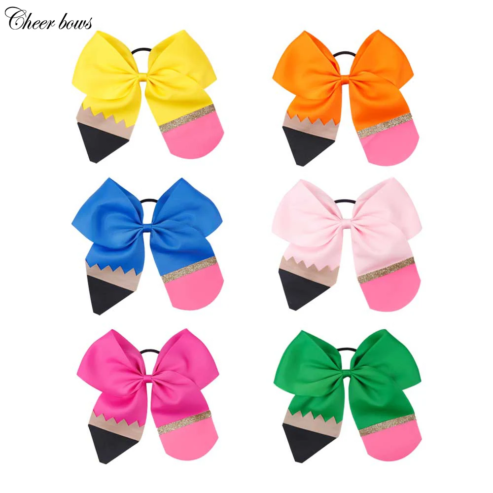 7 Inch Solid Ribbon Pencil Bow Hair Rope For Girls Students Handmade Back to School Glitter Hair Bands Kids Hair Accessories