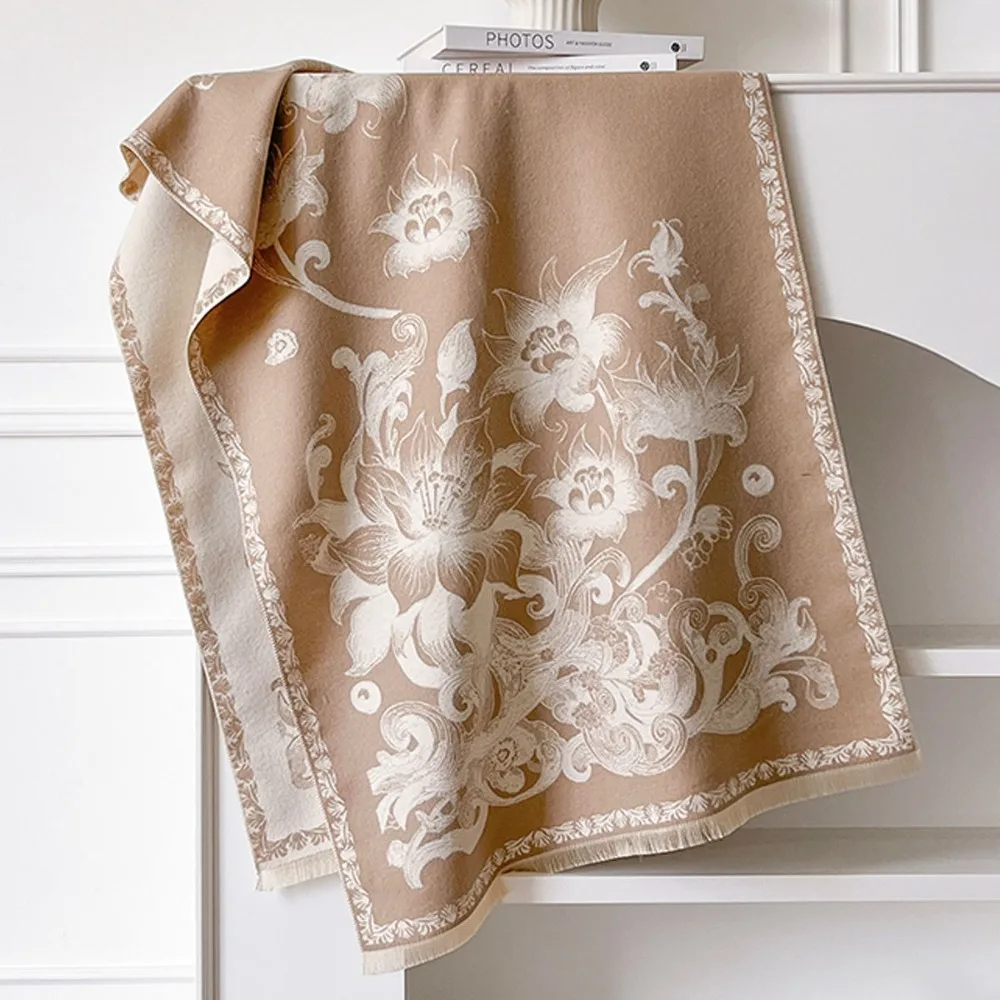 

Элегантный универсальный шарф из искусственного кашемира, ветрозащитные теплые шарфы-одеяла из пашмины, толстые шарфы-пончо с принтом лотоса для женщин