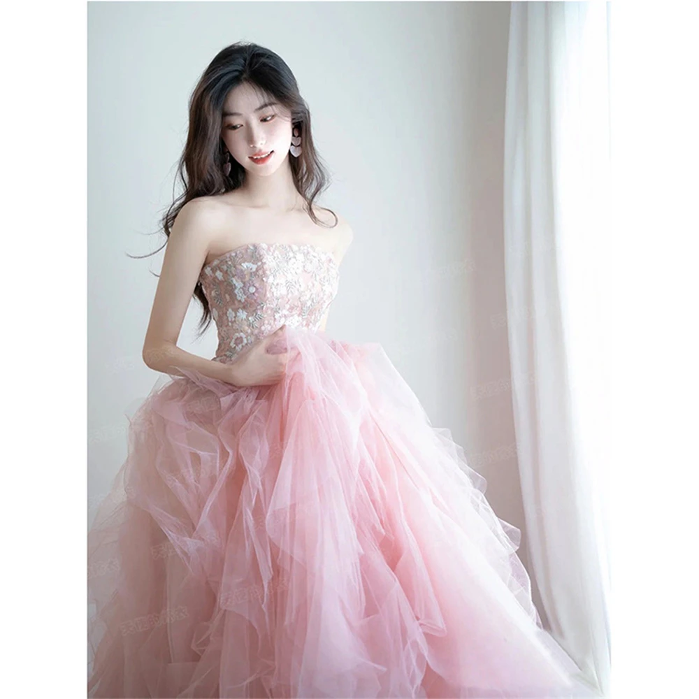 Women Sexy Tube Top Party Gown Pink Long A-line Tulle Wedding Prom Dress Vestidos De Fiesta