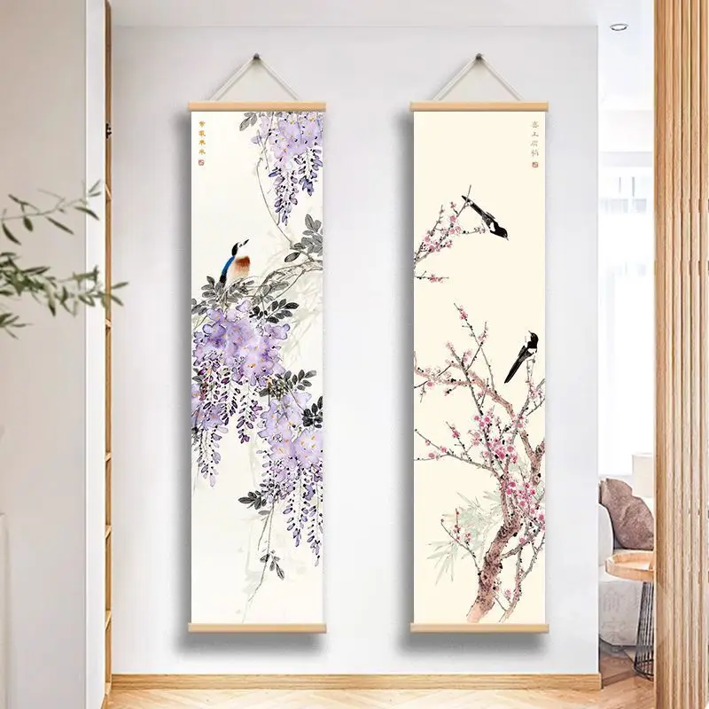Chinese Bird & Flower Tapestry Wall Hanging, Vertical Scroll Ink Art for Boutique Hostel Tea Room Background House Decor