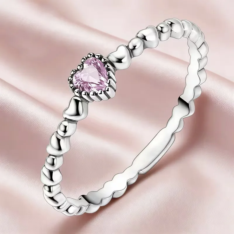 

Retro Thai Silver Horseshoe-shaped Diamond Ring With Simple Ball-edge And Pink Shiny Heart-shaped Ring For Women