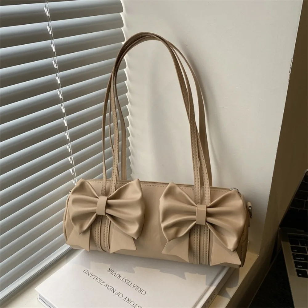 Solid Color Bow Cylinder Bag Hobo Korean Style Balletcore Handbag Large Capacity Bowknot Pleated Single Shoulder Bag Daily