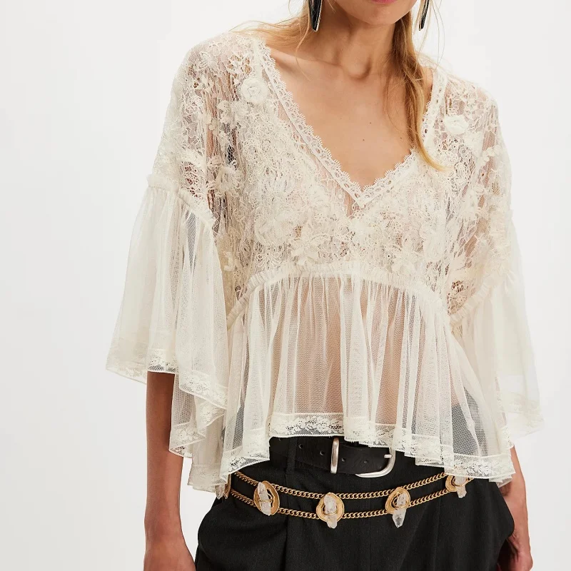 Women Lace See Through Blouse Boho Sheer Long Bell Sleeve Ruffle Poncho Tops Sexy Mesh Flowy Frilly Hem Shawl Shirts