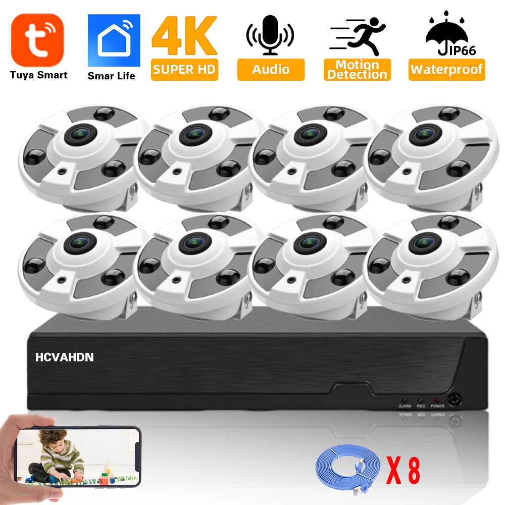 8MP 8CH POE NVR Kit Tuya 360 Panoramic Security Camera System 4K HD Human Detection CCTV IP Camera Video Surveillance Set 4CH