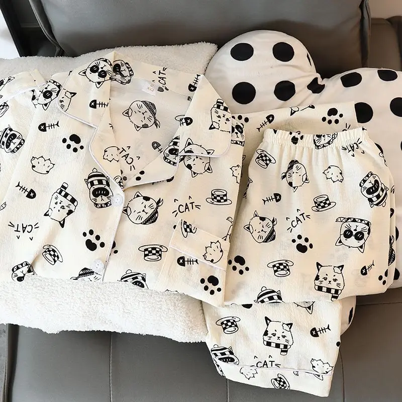 Kawaii Cartoon Cat Letter Print Sleepwear Women's Autumn New Soft Women's Pajamas Set Casual Cute Homewear 2 Pieces Nightwear