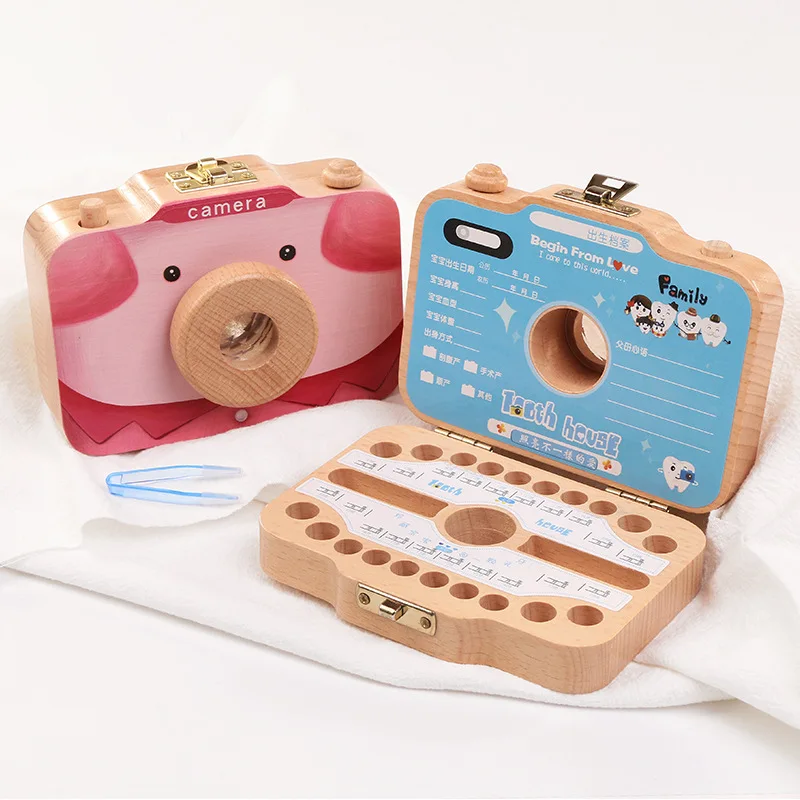 Cartoon Camera Wooden Baby Tooth Box Organizer Kids Milk Teeth Storage Collect Fetal Hair Save Case Souvenir Baby Accessorie