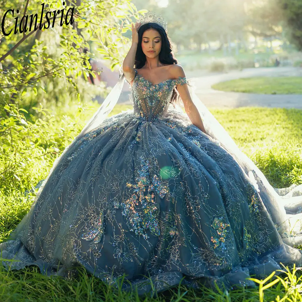 

Smoke Blue Glitter Sequined Crystal Quinceanera Dresses Ball Gown Appliques Lace Beading Sweet 15 Años Mexican Customized