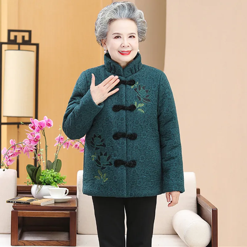 Middle Aged Mother Stand Collar Quilted Winter Jacket Parkas Female Down Cotton Overcoat Women Thick Warm Casual Grandma Coat