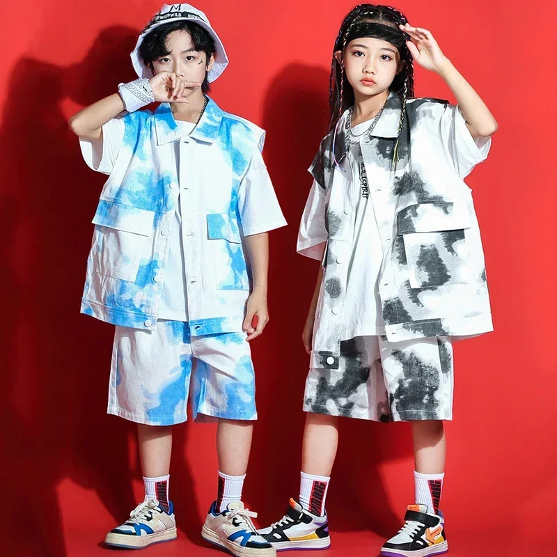 Short Sleeved Jazz Dance Costumes Girls Tie-Dye Vest Shorts For Boys Street Wear Stage Outfits Kids Hip Hop Clothing SL7011