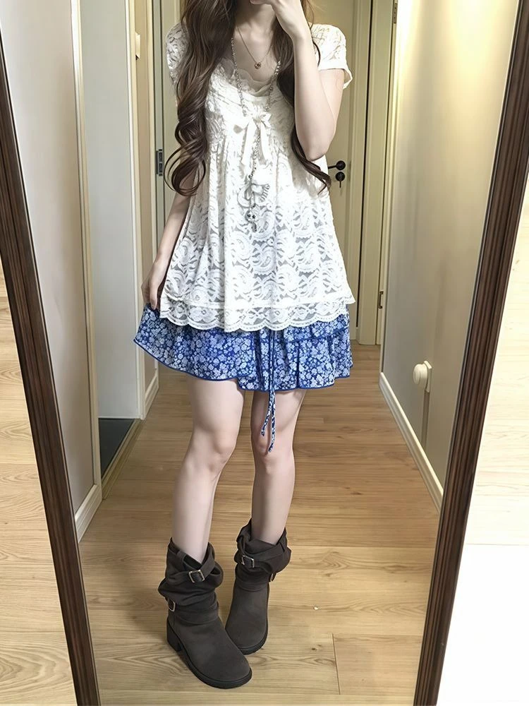 Conjunto de falda con estampado Floral Vintage japonés de verano para mujer, Tops informales con lazo de encaje blanco + minifalda ajustada, conjuntos elegantes de 2 piezas a la moda
