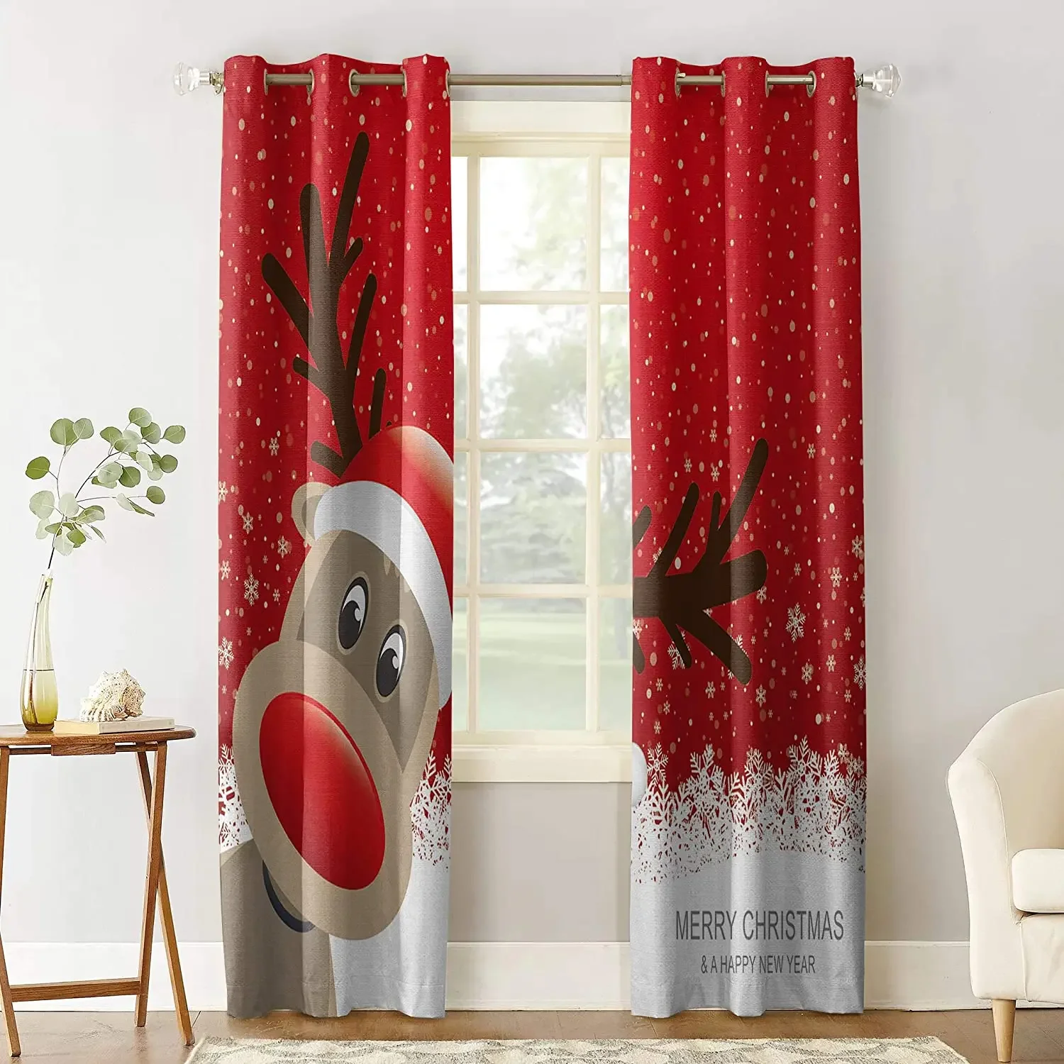 Christmas Reindeer Happy New Year  Blackout Curtains 3D Print Window Curtains for Bedroom Living Room Decor Window Treatments