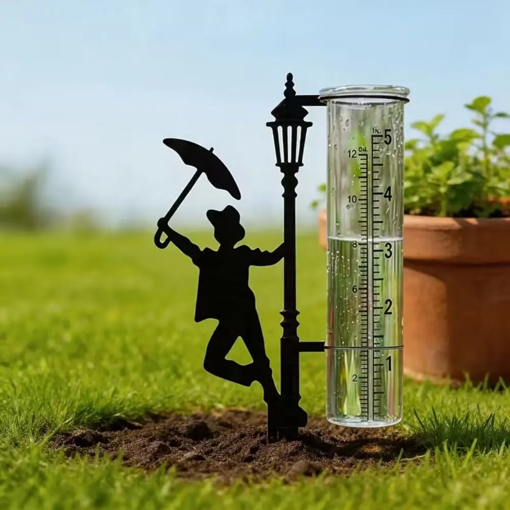 Iron Art Metal Frog Rain Gauge Stake Rustproof Weatherproof Garden Stake Rain Water Collector Umbrella Frog Shaped with Scale