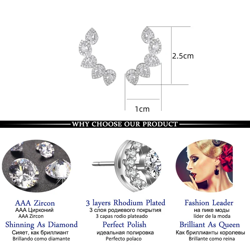 Luxury Water Drop Pear Cubic Zircon Cuff Stud Earrings for Women Fashion Flower Shape Stud Earrings Bridal Wedding Jewelry Gift