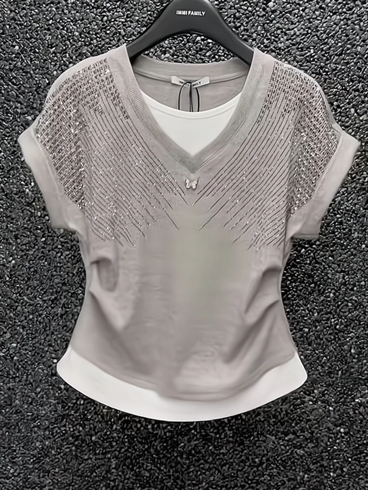 

Женская летняя новинка: футболка с круглым вырезом и стразами, укороченная, приталенная, в корейском стиле, для повседневной носки.