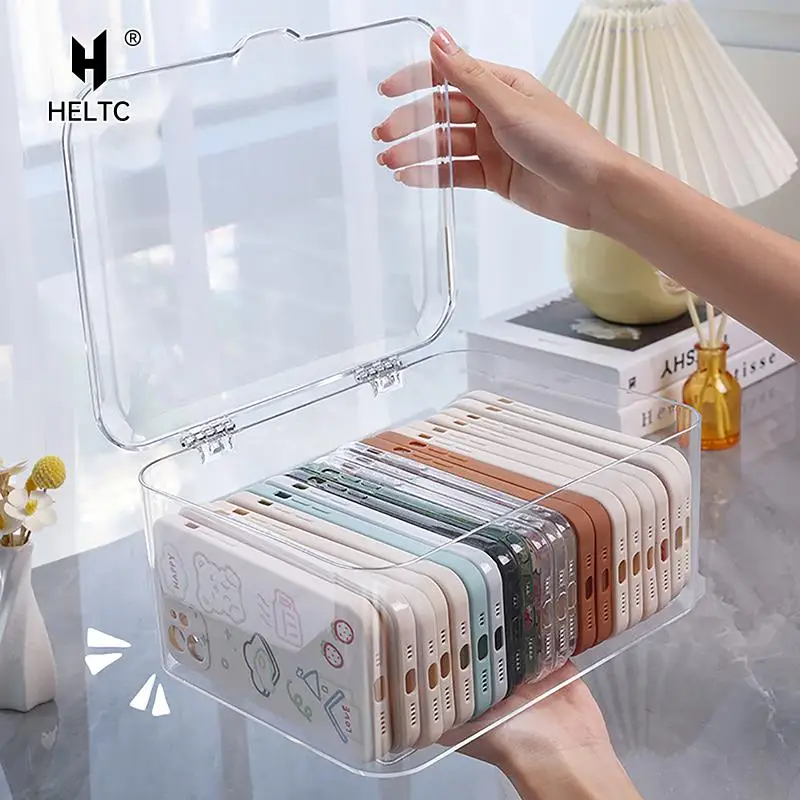 

Acrylic Sundries Storage Basket Phone Case Holder Ins Transparent Phone Case Organizer Storage Box With Cover Home Desktop