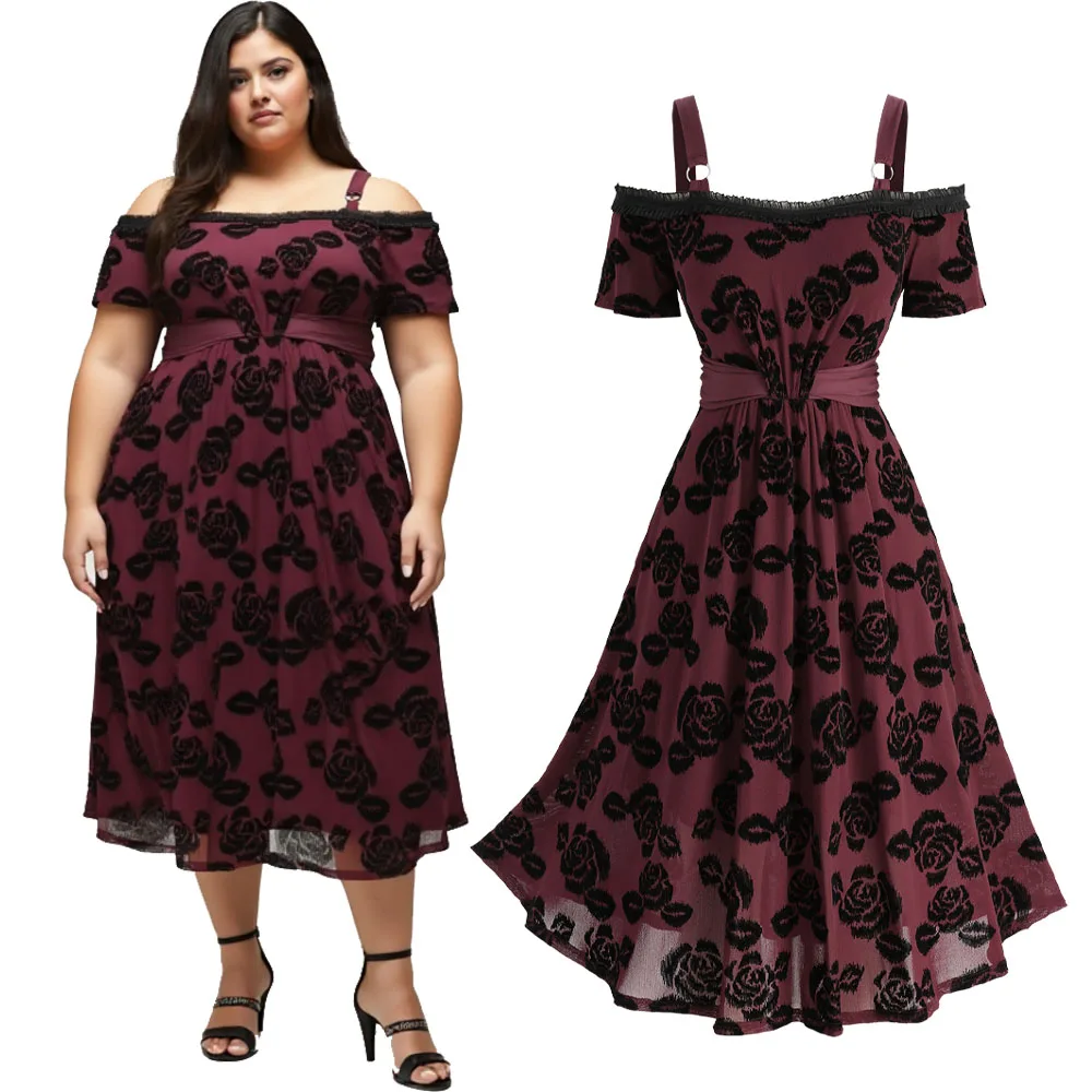 ROSEGAL Abiti taglie forti con spalle scoperte Fiore rosa stampato con volant in pizzo increspato Abito elegante da donna primavera estate