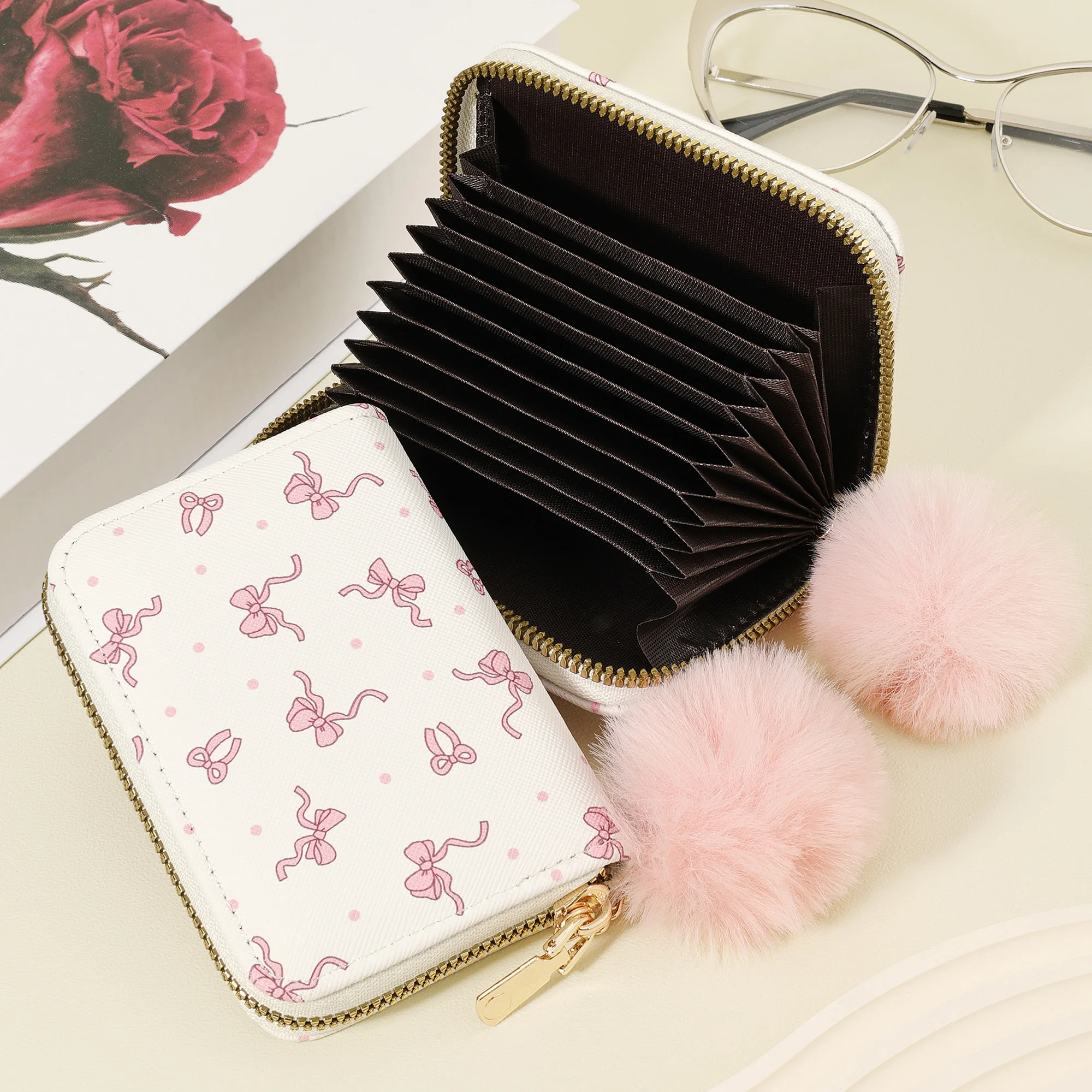 Fashionable new women's wallet credit card storage bag, With a Pom-pom Charm, Easy to carry and versatile card holder, perfect f