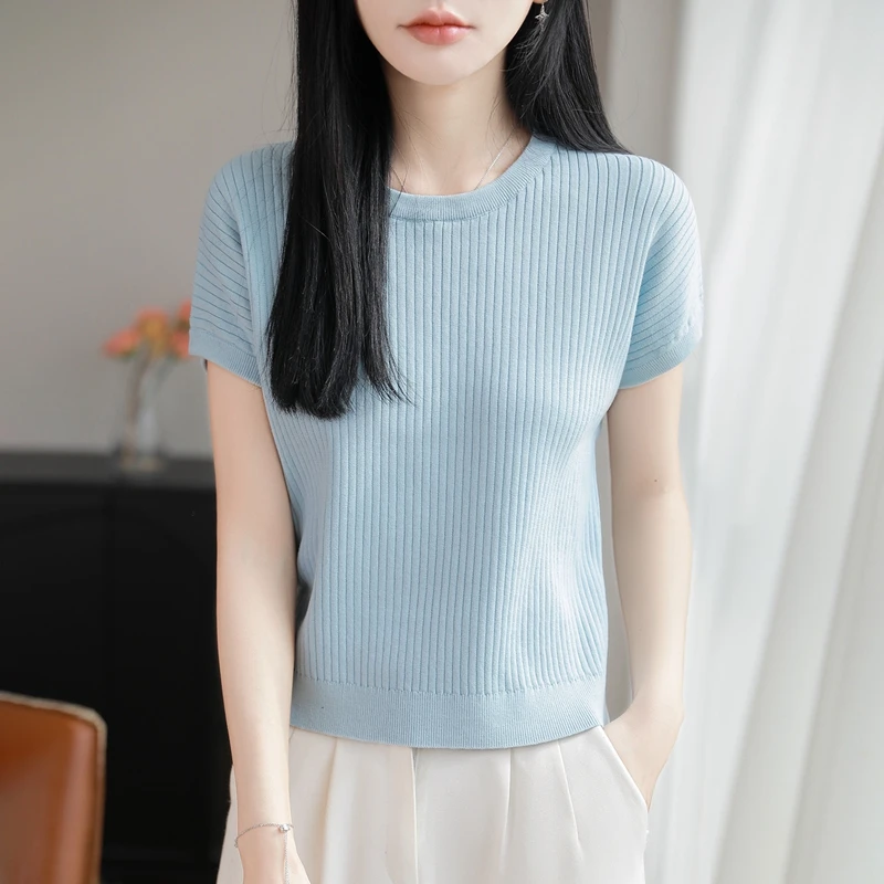 100% pure cotton women's loose round neck short sleeved knitted T-shirt pullover solid color summer new item