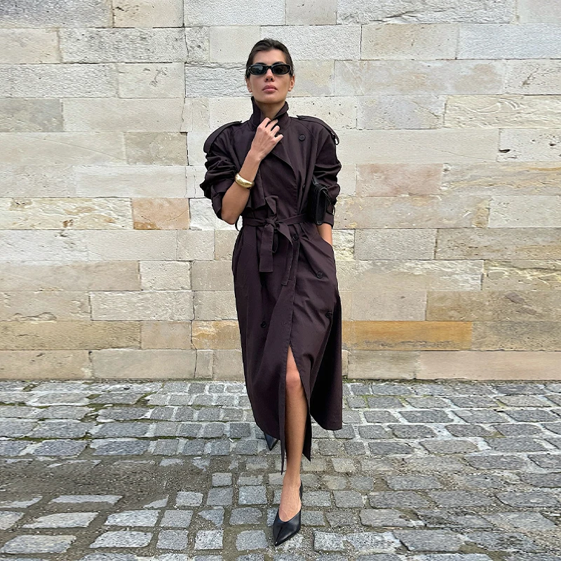 

Fashion Brown Lapel Long Trench Coat Fashion Long Sleeve Single Breasted Lace Up Windbreaker 2025 Autumn Lady Commuter Outwear